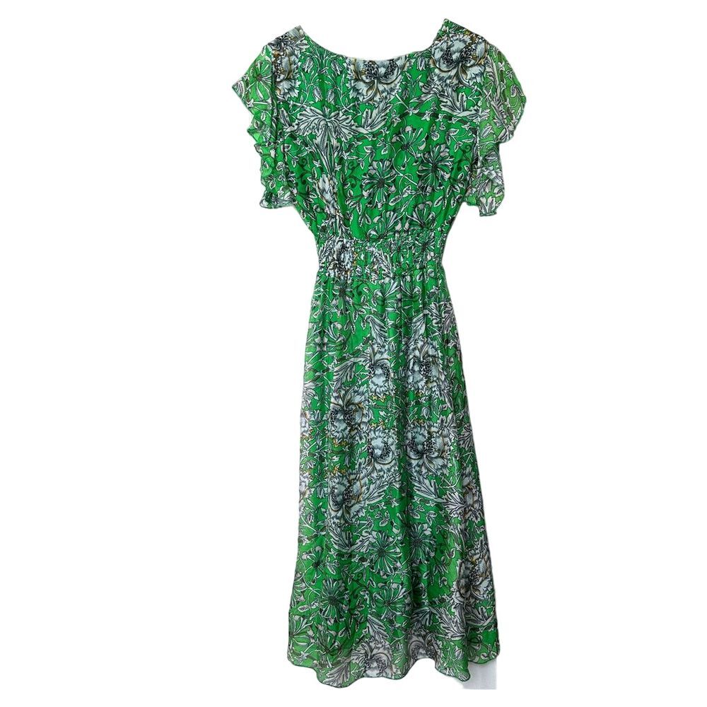 Le Ragazze Silk Blend Maxi Dress Womens S Floral Green VNeck Flutter Sleeve - Picture 2 of 7